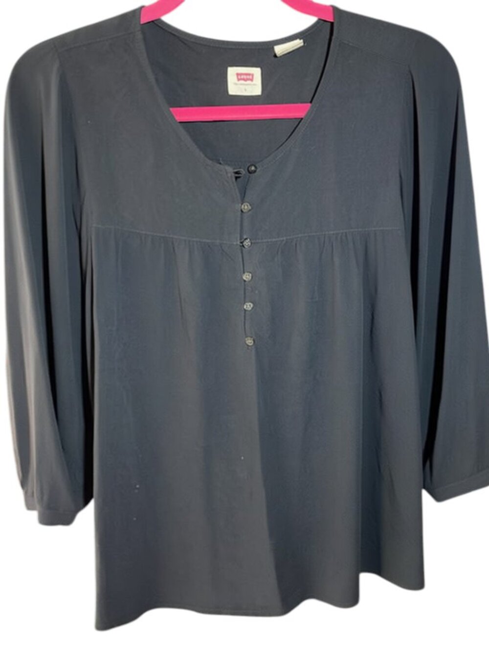 Levi Black Peasant Blouse Sz Large 3/4 Sleeves Cottagecore Silky-Rayon Buttons